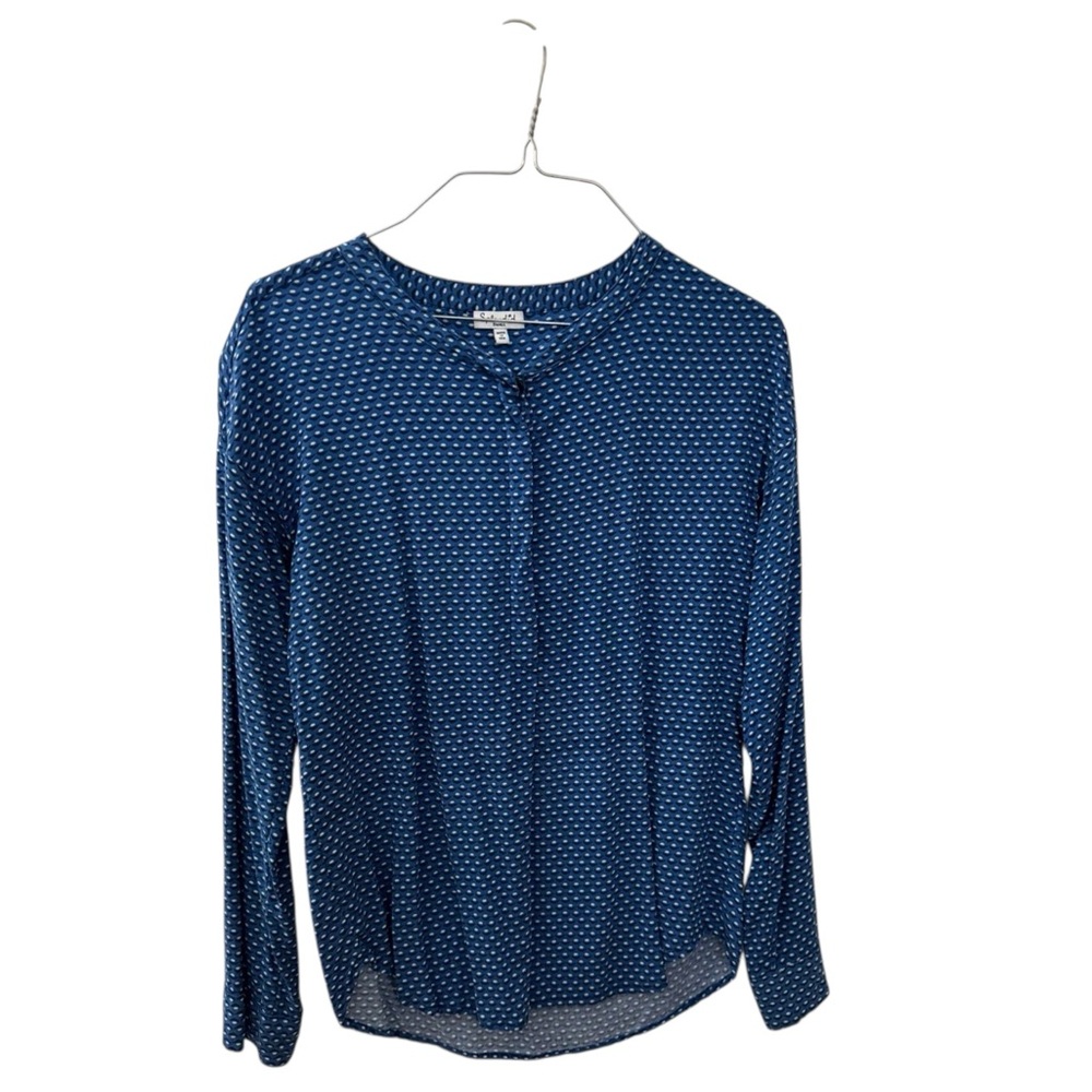 Splendid Blue Long Sleeve Blouse with Mandarin Collar